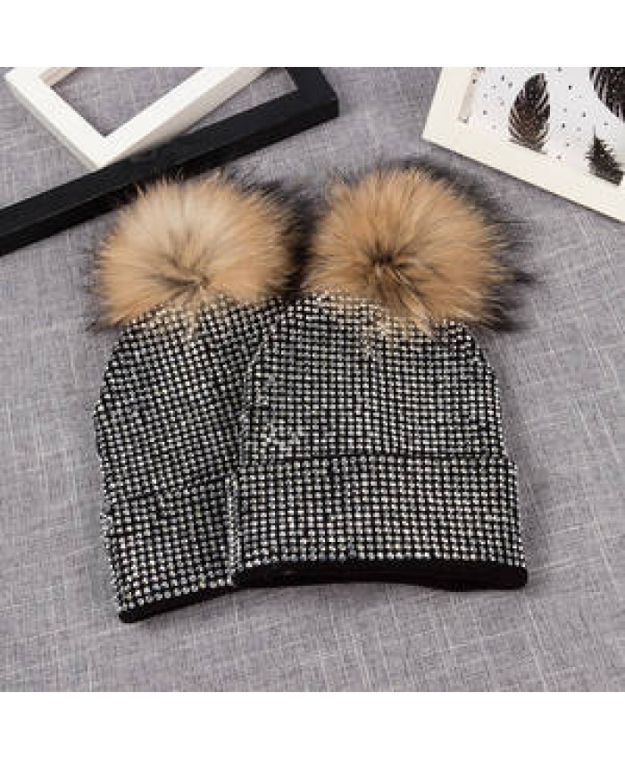 h100 knitted hat lady winter fur pom pom beanie hats rhinestones hats