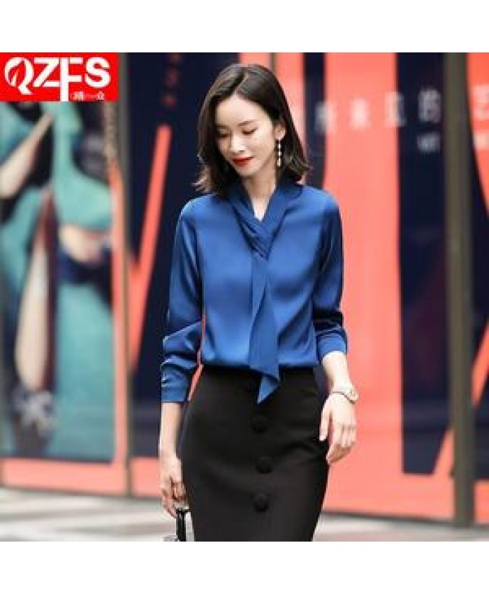 Chiffon Shirt Fashion V-neck Top White Blue Shirt Women's Long-sleeved Work Clothes Korean Blouse Women's Spring and Autumn Bow