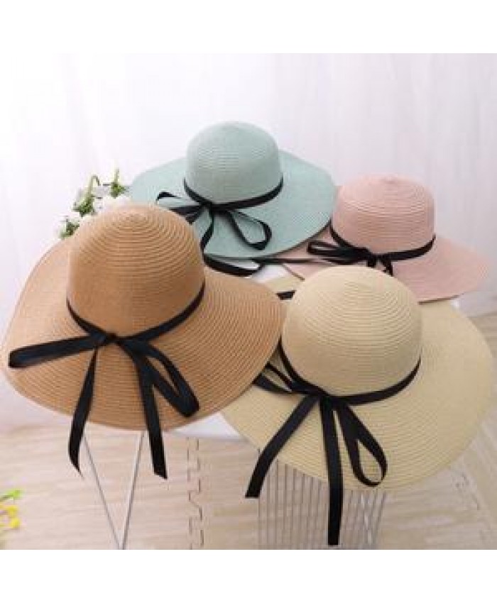 Fashion Straw Hat For Women Summer Casual Wide Brim Sun Cap With Bow-knot Ladies Vacation Beach Hats