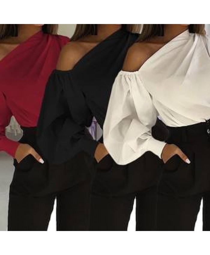 Fashion Chic Left Right Asymmetric One Sleeve Boat Neck Off Shoulder Woman Pure Color Fit Shirt Blouses Tops