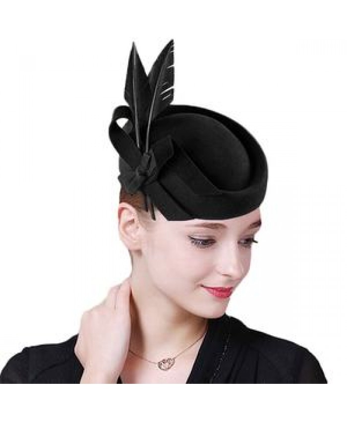 FS Elegant Autumn Church Fedoras Lady Derby Tea Party Hats Fascinators Royal Blue Black Wool Felt Feather Wedding Hats For Women