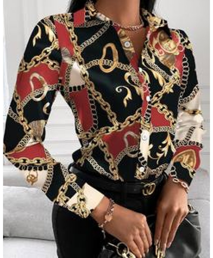2021 Office Ladies Elegant Chain Print Shirt Blouses Women Casual Shirts Long Sleeve Blouse Turn-down Collar Button Tops