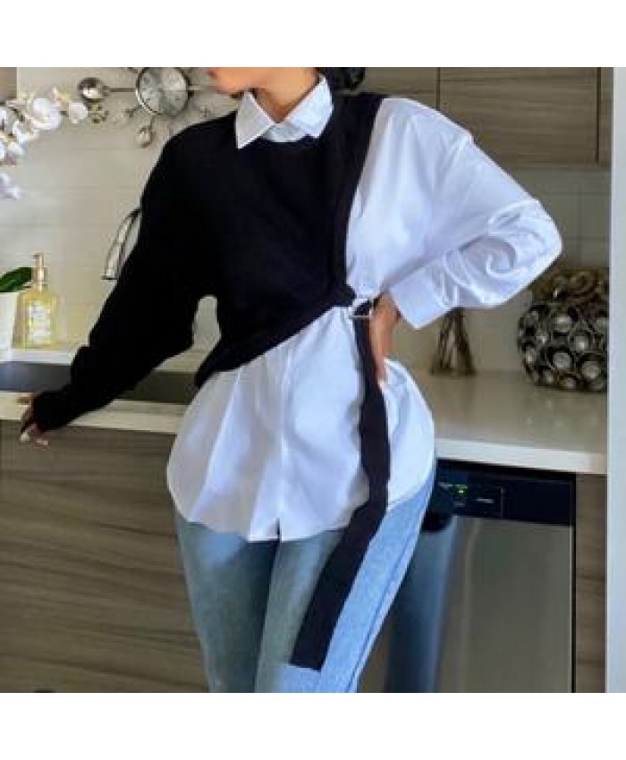 New Fashion Best Selling Women Fall Spring White Blouse Tops Patchwork Sweater Plus Size Women'S Blouses & Shirts