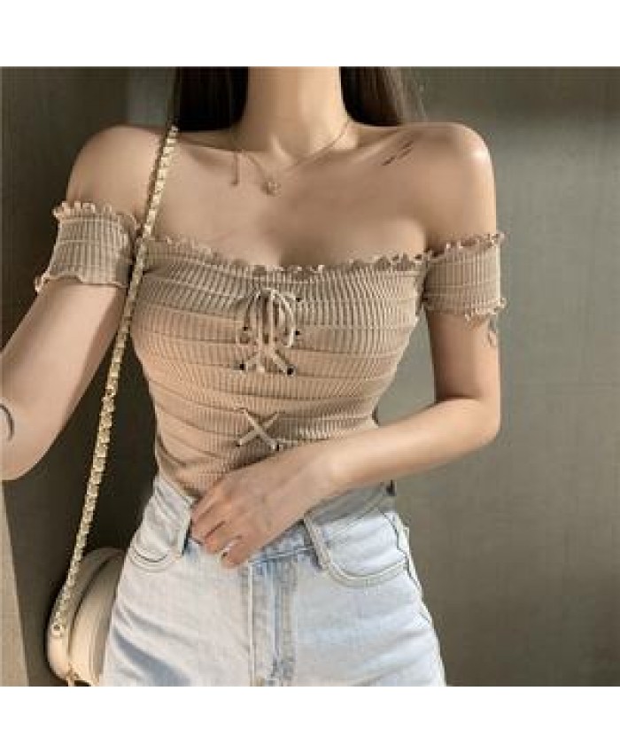 2020 Wholesale New Design Women Fashion Off-Shoulder Top Ladies Casual Short Sleeve Knitted Blouse