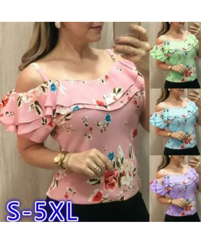 2022 ladies summer plus size shirts female floral print off shoulder short sleeve bodycon tops women casual blouse