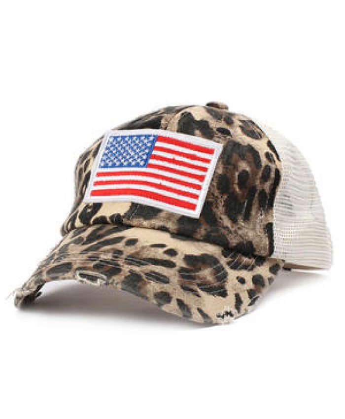Washed Hole Mesh hat Independence Day American Flag Embroidered Ladies Ponytail hat Baseball hat
