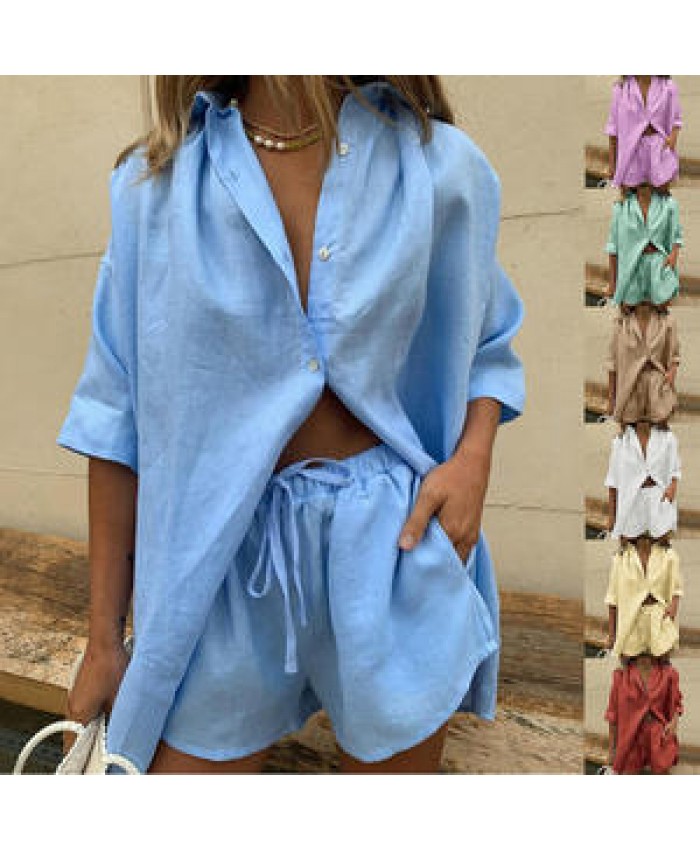 Women Two Pieces Linen Cotton Shirt Outfits Solid Sleepwear Casual Blouse Short Sleeve And Shorts Set