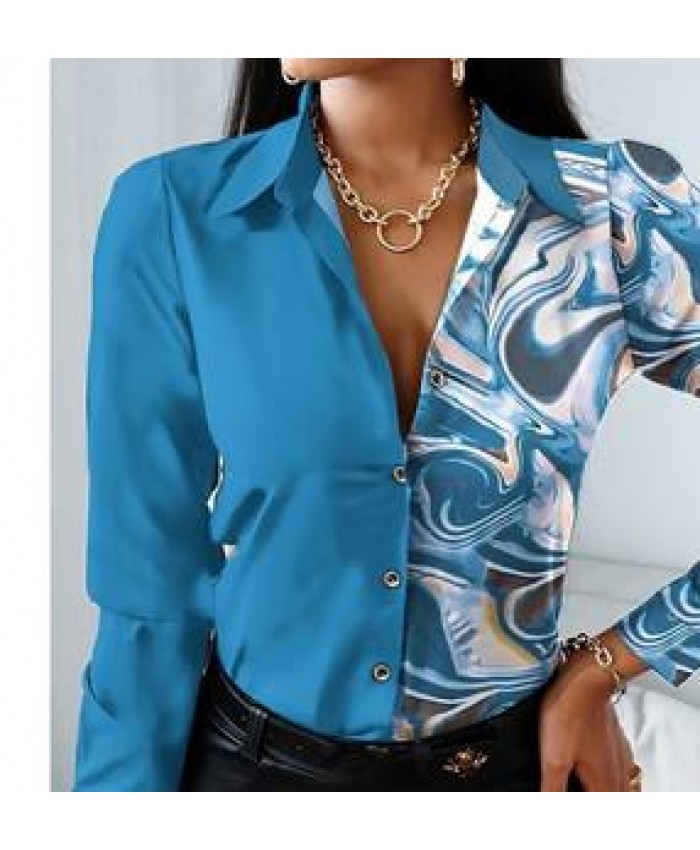Women Blouses & Tops Fashionable Clothes Contrasting Color Stitching Casual Long Sleeved