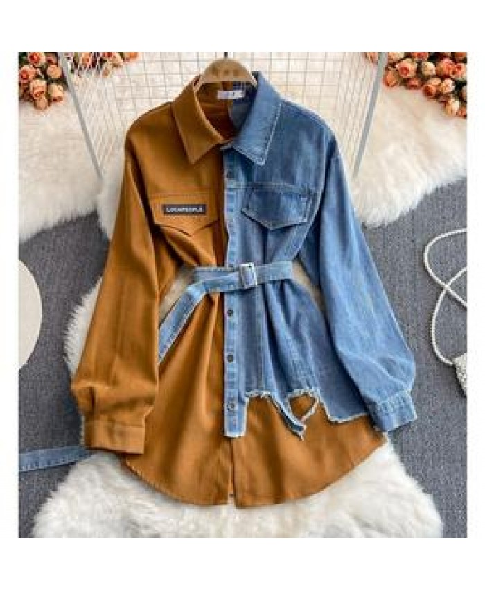 Fashion Splicing Lapel Dress New Korean Style Asymmetric Women Long Jeans Denim Top Shirt Ladies' Blouses