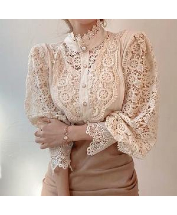 Trending Hollow Out Women's Elegant Lace Tops Blouses With Long Sleeve Pearl Button