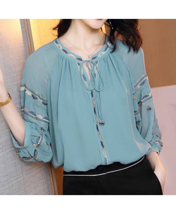 Vintage embroidered three quarter sleeve ladies loose chiffon tops and blouses