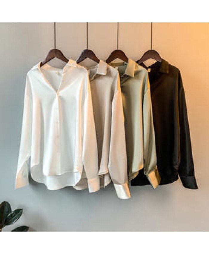 Spring Women Top Fashionable 2021 Long Sleeves V Neck Satin Blouse Vintage Satin Blouse