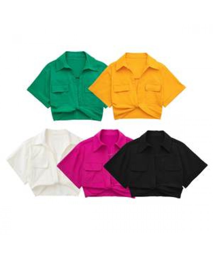 ZATRHMBM 2022 Female Clothing New Fashion knotted Short Sleeve V neck Vintage Crop Top Pocket Accessories Chic Woman Blouse