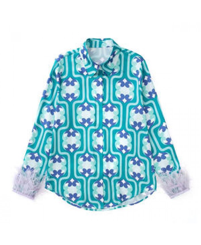 BMURHMZA 2022 women's spring summer new fashion geometric print lapel single-breasted long sleeves Women's blouse