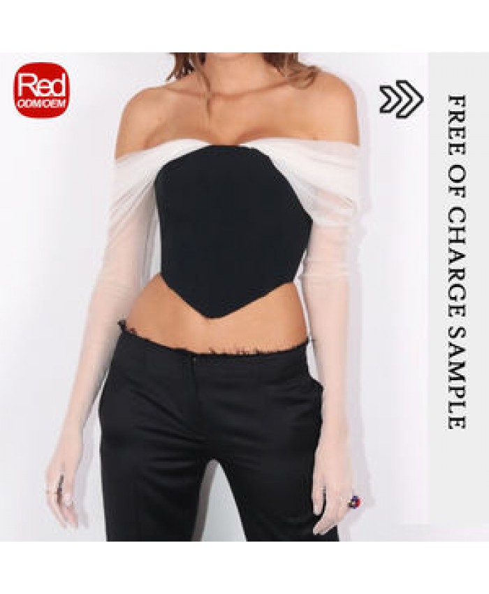 RedHK Custom High Quality New Arrives Black Pu With White Mesh Crop Blouse Women Tops And Blouses fishtail chiffon blouse