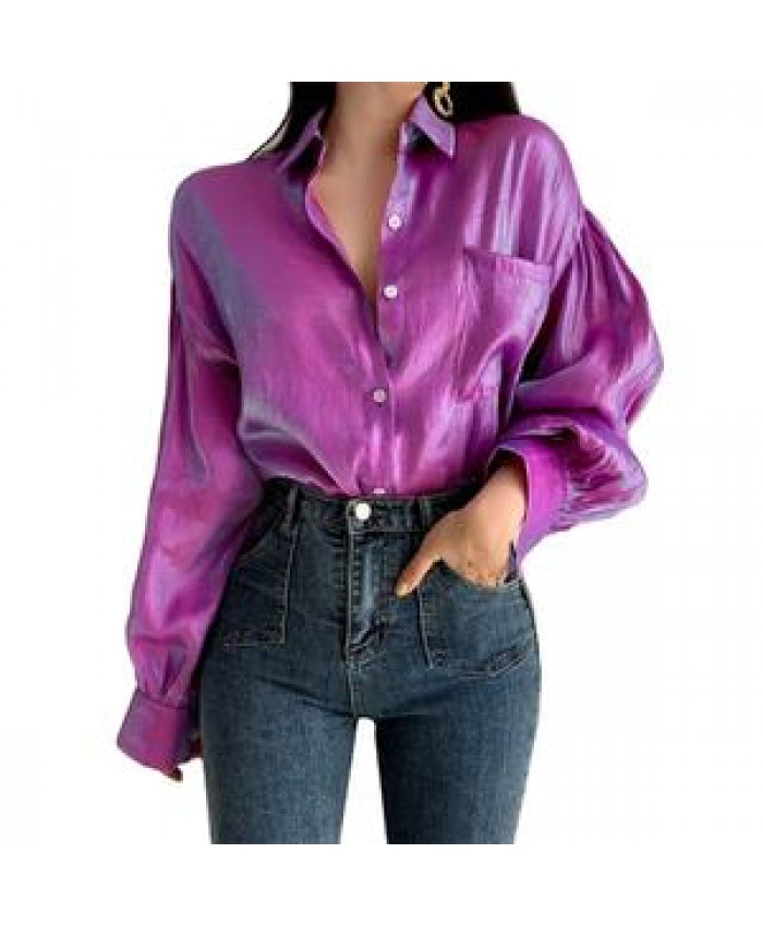 Women Reflective Bright Gradient Color Shirts Vintage Female Elegant Lapel Button Blouse Casual Puff Sleeve Tops