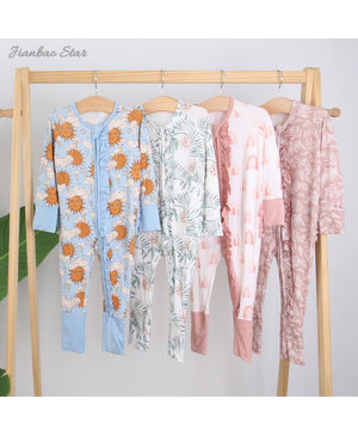 New soft Baby clothing Baby Boys Girls Jumpsuit Outfit 95%Bamboo 5%Spandex Custom Printed Sleepsuit Baby Ruffle Zipper Romper