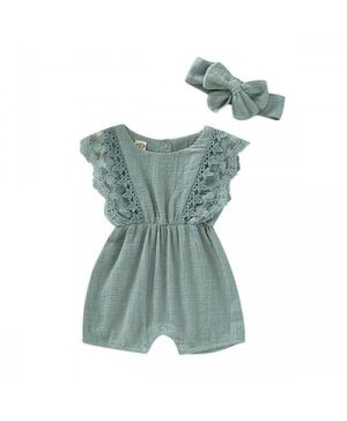 Summer Baby Girl Rompers Newborn Baby Clothes Toddler Flare Sleeve Solid Lace Design Romper Jumpsuit Baby With Headband