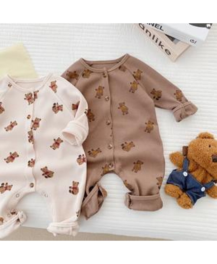 spring baby cartoon print bear jumpsuit infant bay boys girls long sleeve outwear