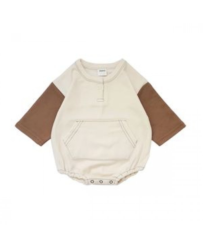 Baby color block kangaroo pocket bubble romper french terry long sleeve playsuit
