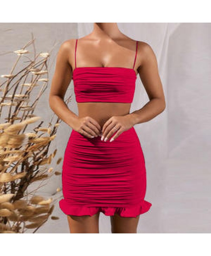 Solid Color Short Skirt With Ruffled 2 Piece Set Women Clothing Party Evening Club Girl Ladies Sleeveless Dresses