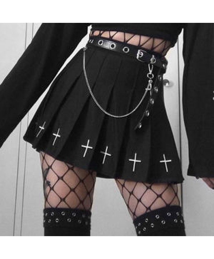 Y2K Dark Academy suit punk skirt functional wind a-word tactical half-length pleated skirt high-cold black cross mini skirt