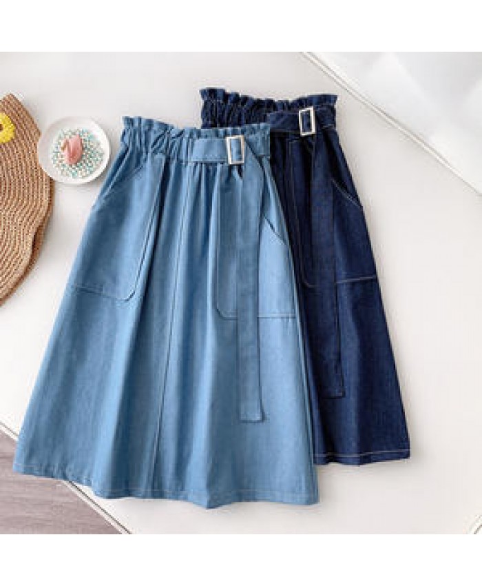 Custom China Factory Wholesale Casual Elastic High Waist Midi Long Denim Skirts for Women Girls