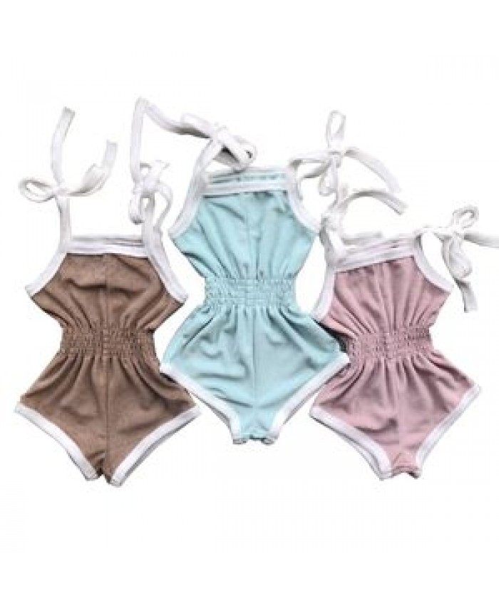 Fashion Terry Toweling Baby Girls Tie Shoulder Skinny Waist Sleeveless Rompers Toddle Playsuit