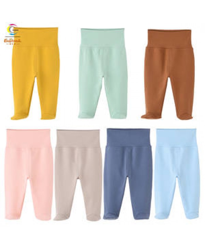 Plain baby pants stretchy cotton baby trousers with footie high waist infant pants