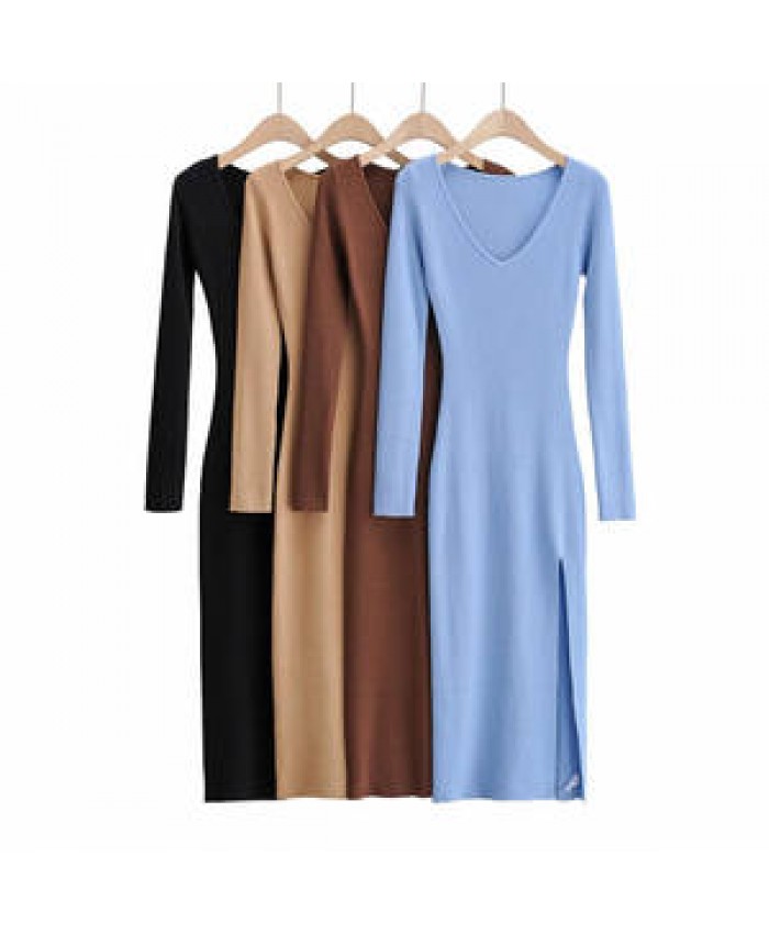 Hot sell Sweater Women Clothing Solid Color Autumn long-sleeved dress mid-length skirt