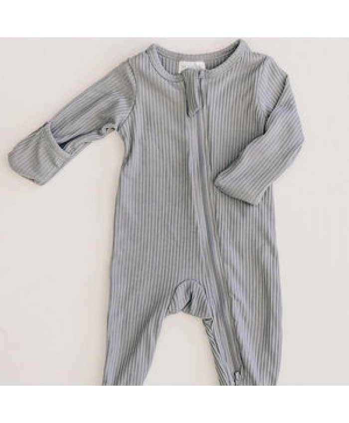 High Quality Grey Ribbed Footed One-piece Zipper 100% Organic Cotton Playsuit