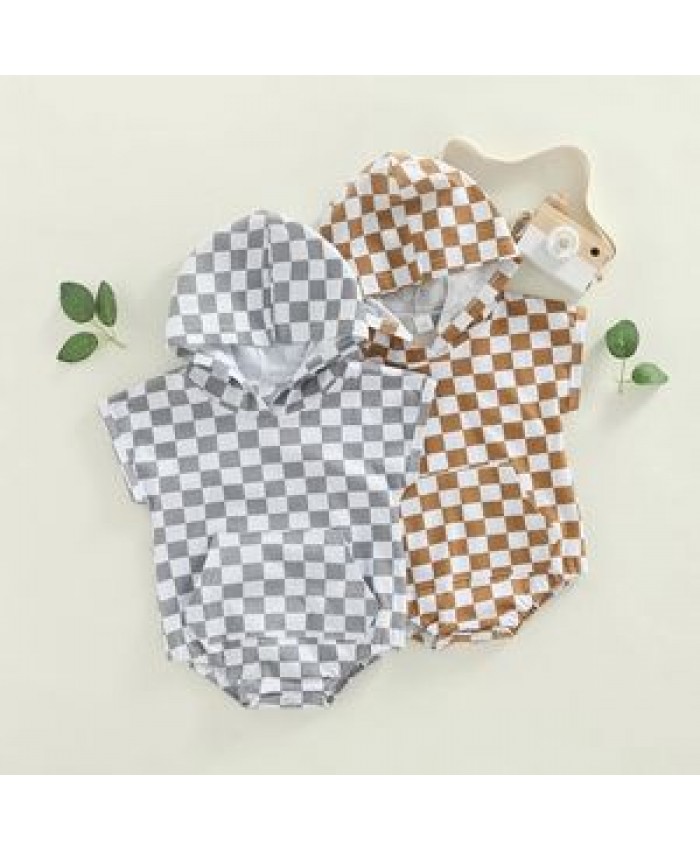 2022 Fashion Toddler Baby Boy Checkerboard Hoodie Romper Short Sleeve Plaid Checkered Hoodie Boys Sweatshirt Romper With Pocket