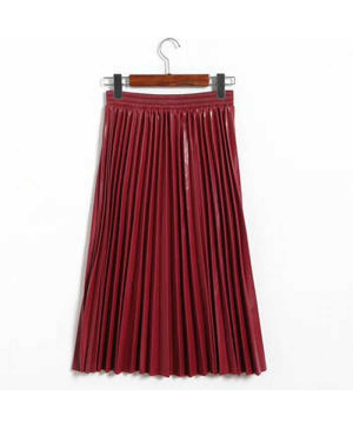 Autumn Winter Women Midi-Calf PU Leather Elastic Waist Pleated Skirts Office Ladies High Waist A-Line Harajuku Midi Skirts