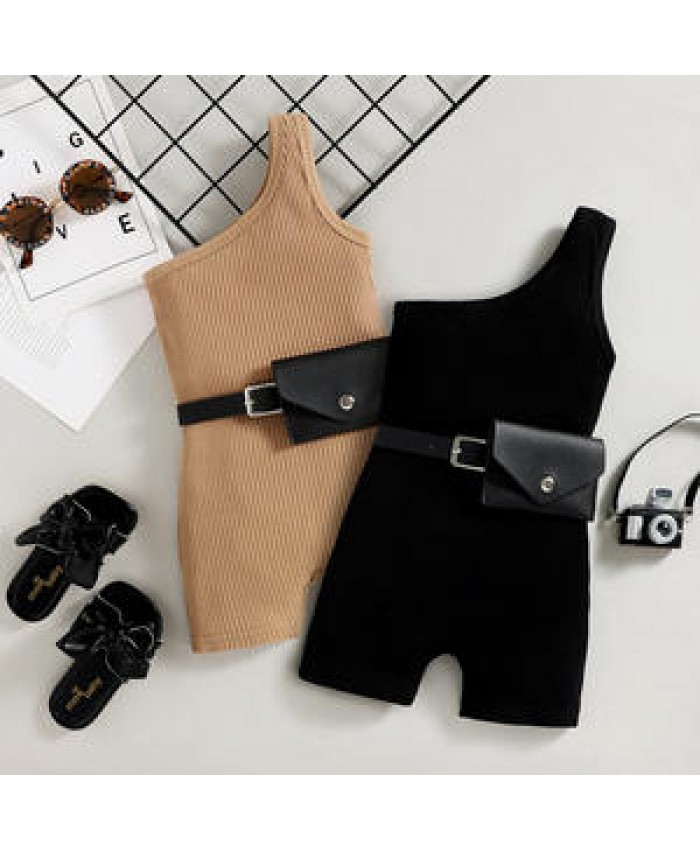 Toddler Baby Girl One Shoulder Romper Summer Oblique Shoulder Sleeveless Knitted Jumpsuit with Belt Children Clothes Playsuit
