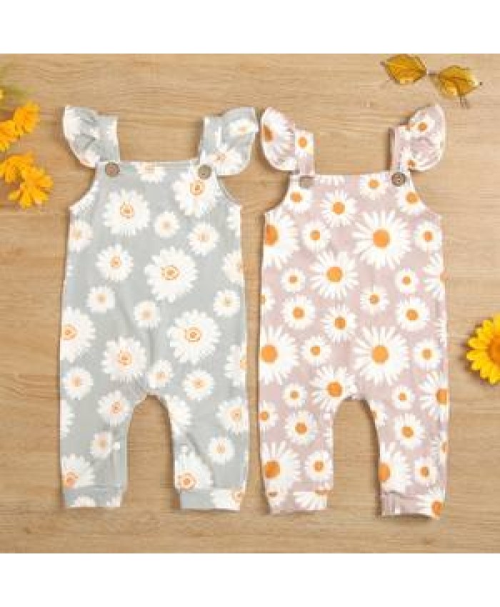 Private Label Toddler Girl Summer Long Playsuit Cute Daisy Sunflower Print Flying Sleeves Baby Romper Bodysuit