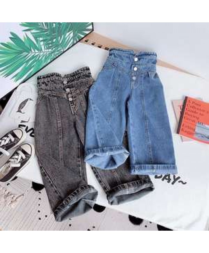 Custom Fashion Cotton Wide Leg Toddler Teen Child Clothes 2-14Y Denim Trousers High Waist Button Baby girls jeans pants