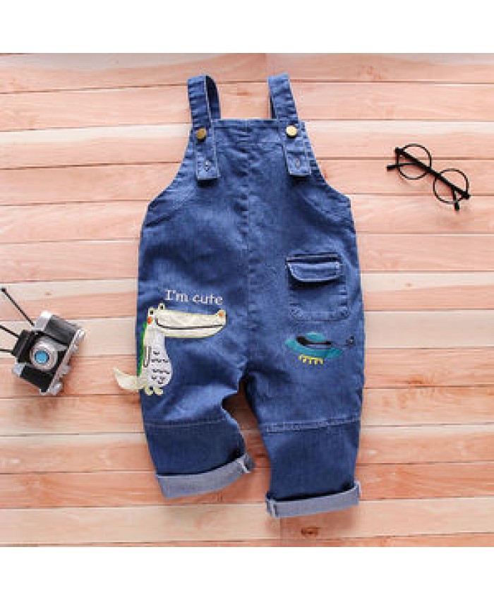 Baby Toddler Adjustable Blue Washed Slim Jeans Overalls With Cute Cartoon Crocodile Printing Suspender Trousers