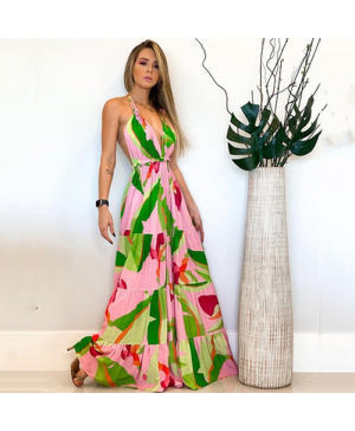Deep V Backless Floral Longuette Bohemian Women's Dresses