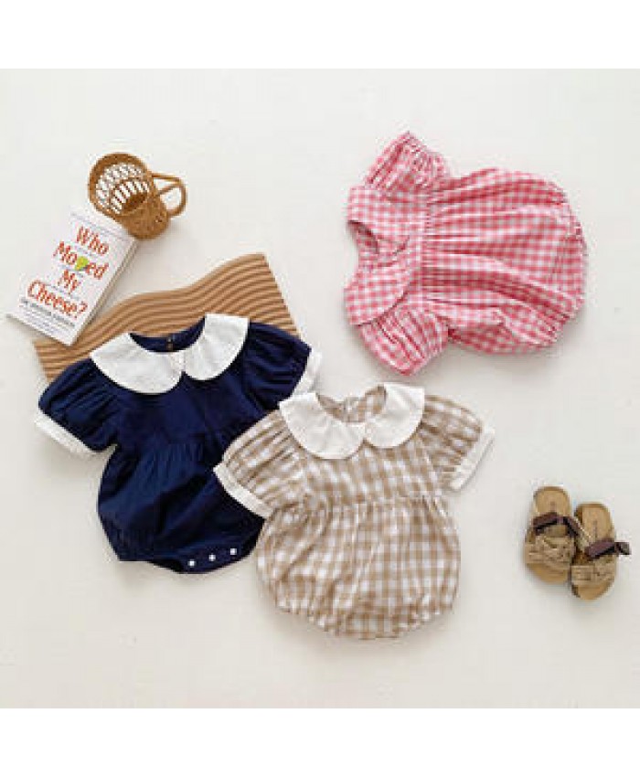 0-24M Newborn Infant Baby Romper Plaid Print Jumpsuit Playsuit Summer Short Sleeve Toddler Clothing Rompers